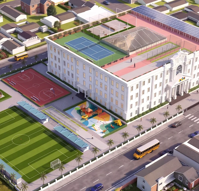 Aerial view of a CBSE school campus with sports courts, fields, and school facilities shown