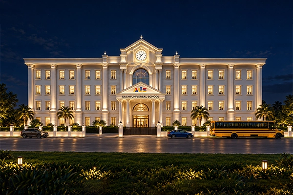 Illuminated exterior view of the best CBSE school campus in Vanagaram Chennai at night.