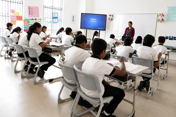 CBSE primary classroom learning in Vanagaram Chennai featuring students and a teacher.