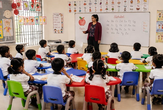 Early years 3 kids learning alphabet and language skills in class with a teacher at the board.