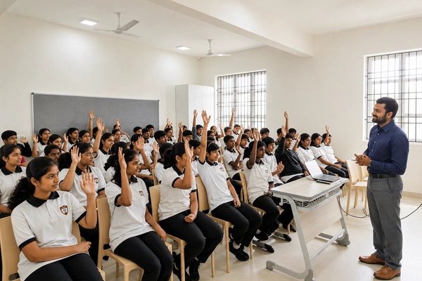 Higher secondary learning environment for CBSE students in Vanagaram with students raising hands.
