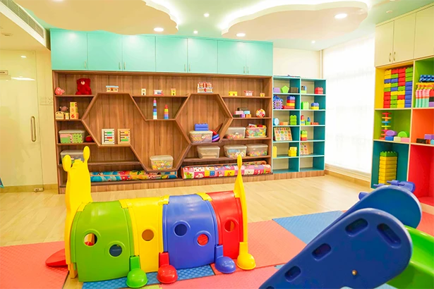 Kids play areas for active learning and physical development with colorful toys and play equipment