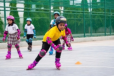 Sports activities for physical fitness and student development featuring roller skating kids.