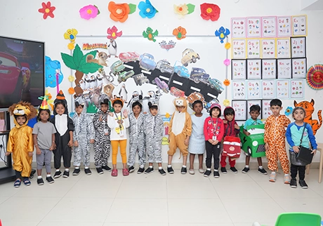 Students dressed in colorful costumes during a school event and cultural program at school