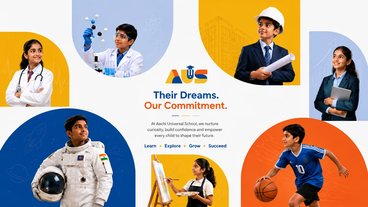 Students dressed in diverse future career roles exploring learning and creativity at school.